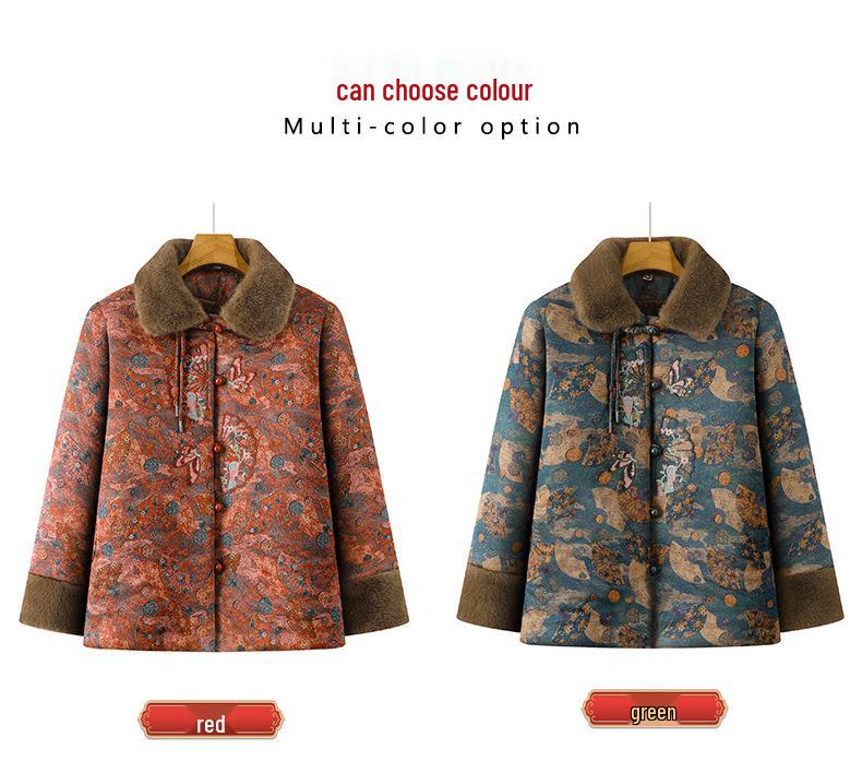 Winter Plus Velvet Coat for Middle-Aged and Elderly Women, Elegant Chinese Style Mother's Clothing, Warm Thick Cotton Jacket.