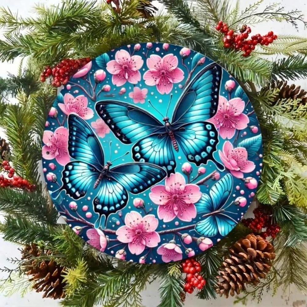 Round Tin Metal Sign with Blue Butterflies and Pink Cherry Blossoms Wall Decor