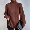 Autumn/Winter Soft Knitwear Fashion Raglan Long Sleeve Turtleneck Split Sweater Casual Warm Solid Mid-length Pullover