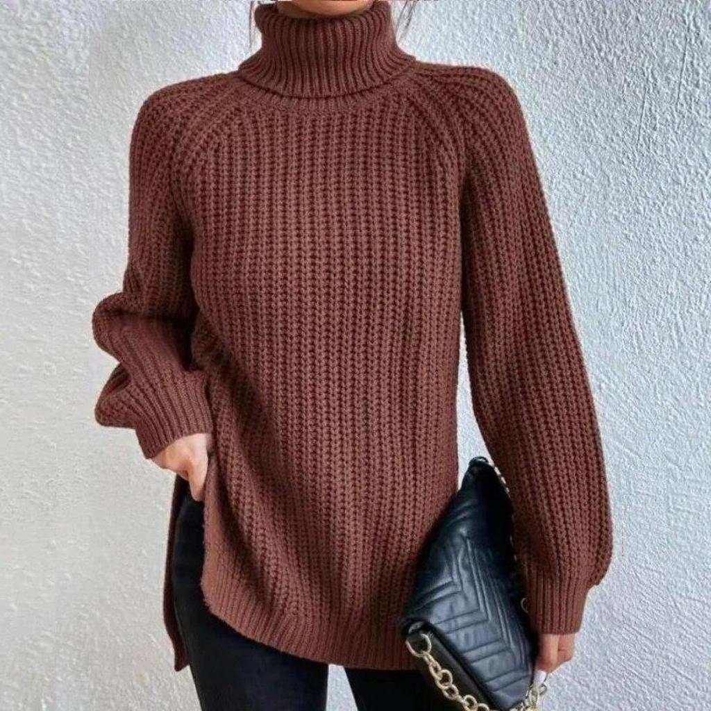 Autumn/Winter Soft Knitwear Fashion Raglan Long Sleeve Turtleneck Split Sweater Casual Warm Solid Mid-length Pullover