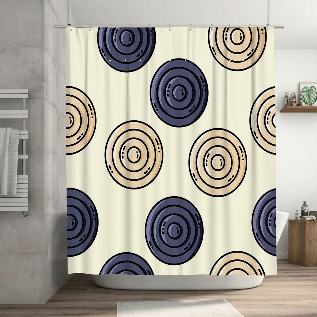Modern Bath Curtain White Beige Geometric Design Shower Fabric Decor with Metal Hook Rings for Bathroom Waterproof Room Divider