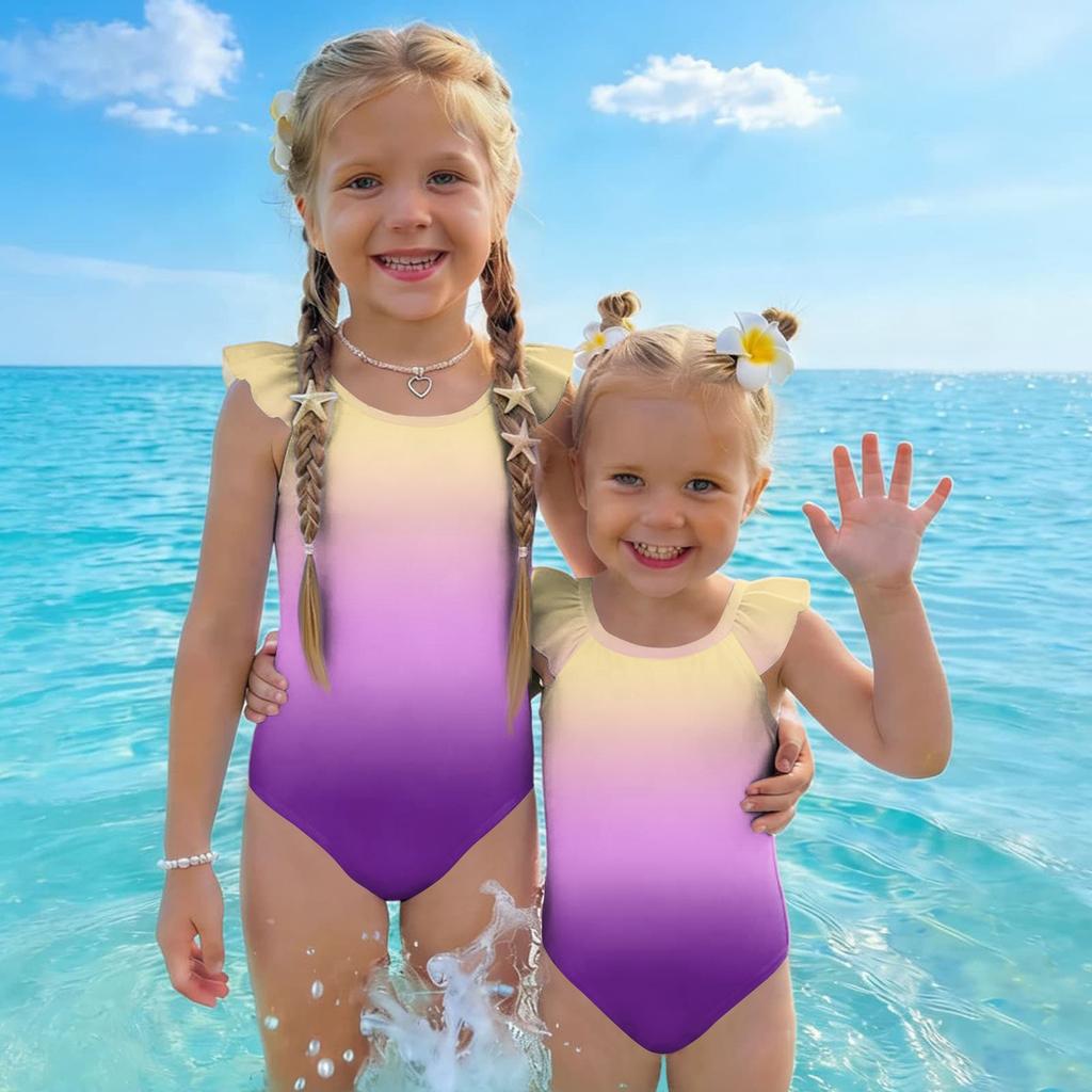 Girls One Piece Swimsuit Gradient Print Sleeveless Ruffle Shoulder Swimwear Summer Beachwear Kids Bathing Suit