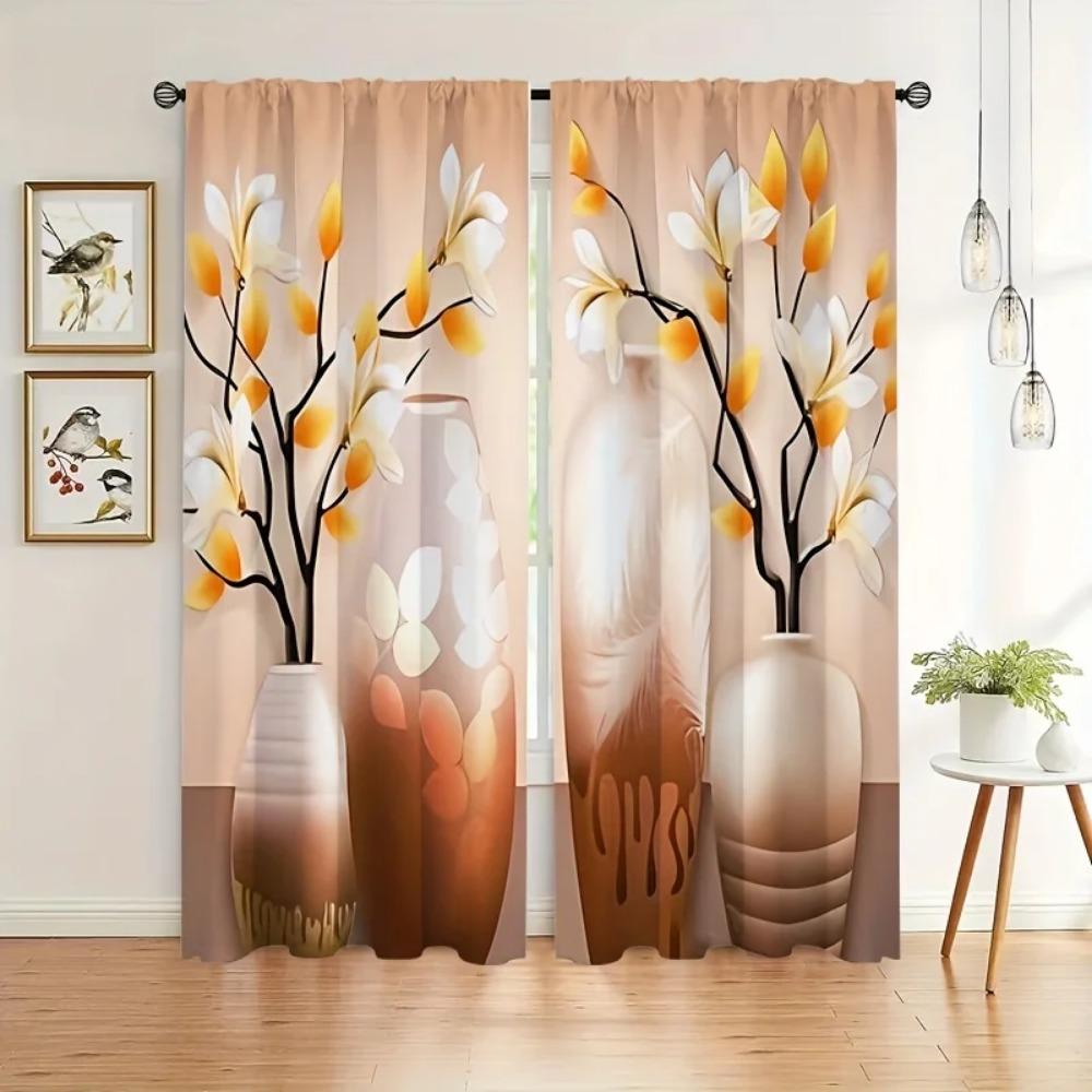 Sunflower Vase Printed Drapes , Rod Pocket Windowpane Treatment for Girls Bedchamber , Office , Kitchen ,LivingroomSpace,HouseholdDecoration