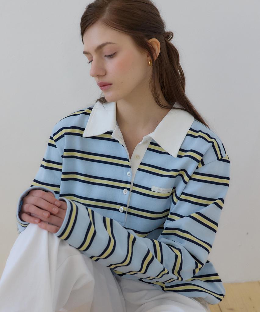 OURHOPE Sorbet Stripe Silvery Pique Sleeve T-Shirt - Sky Blue