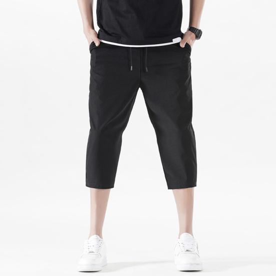 Men Cropped Pants Elastic Waistband Drawstring Quick-Drying Breathable Fit Fabric Loose Design Sports Leisure Pants