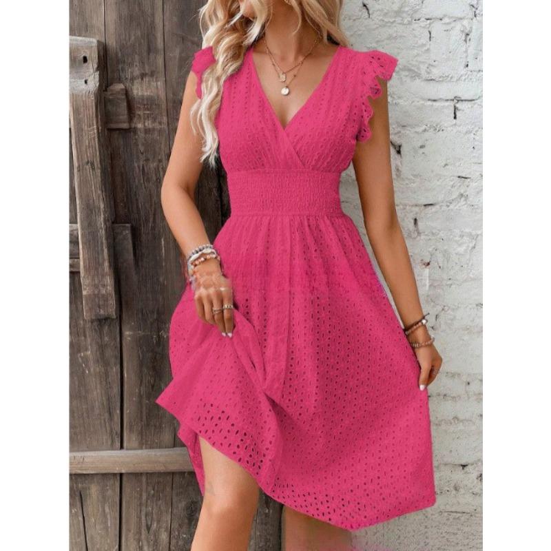 Women's V Neck Ruffle Cap Sleeve Eyelet Embroidery Smocked Waist A Line Midi Dress Solid Color Summer Beach Casual Dress