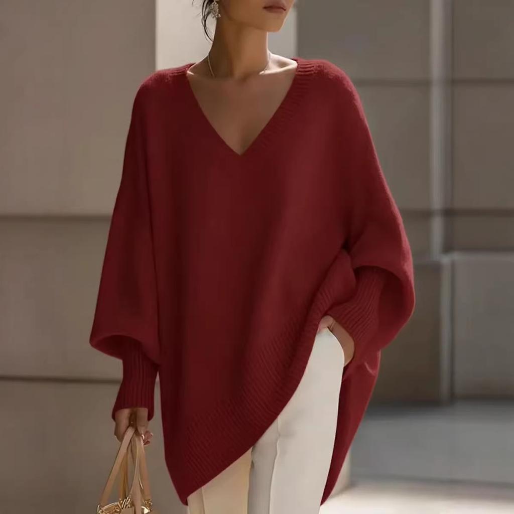 Women's V Neck Long Sleeve Knit Top Loose Fit Casual Mid Length Sweater Solid Cashmere Blend Jumper