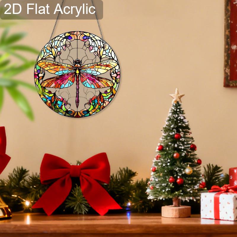 Acrylic Colorful Dragonfly Floral Suncatcher, Stained Glass Effect Window Hanging Ornament for Nature Lover Gifts