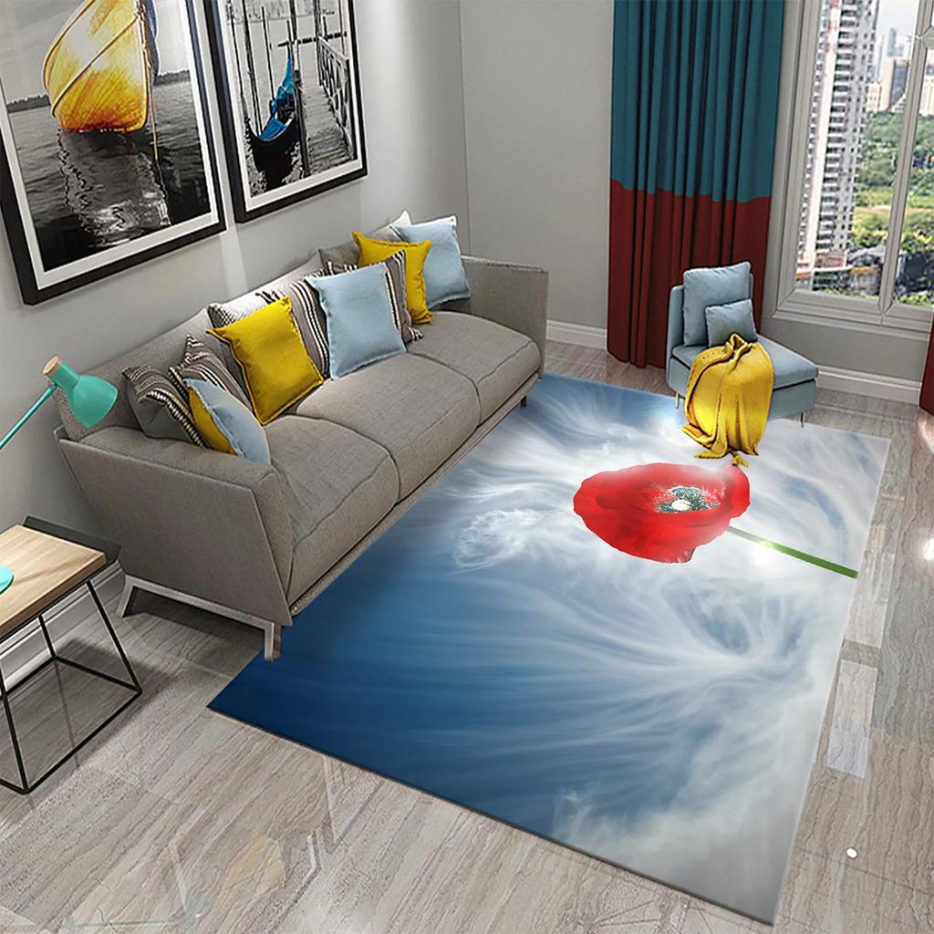 3D Rote Mohnblumen Teppich Romantisches Blumenmeer Teppiche Fußmatte für Badezimmer Küche Eingangsteppiche Schlafzimmer Wohnzimmer Dekor Bereichsteppich