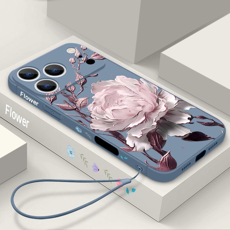Colorful Flowers Pattern Lanyard Case For iPhone 17 Pro Max Funda iPhone 16 15 14 13 Pro Max 11 16E 17E Soft Silicone Cover