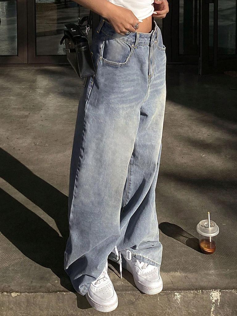 Washed Wide Leg Mop Jeans For Women, Loose And Versatile Casual Pants
