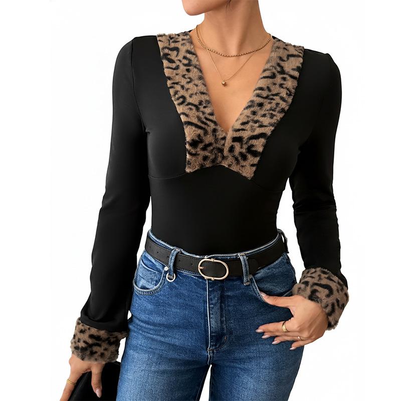Women's Fashion Casual Leopard Print Spring Autumn Long Sleeve V-Neck Bodysuits