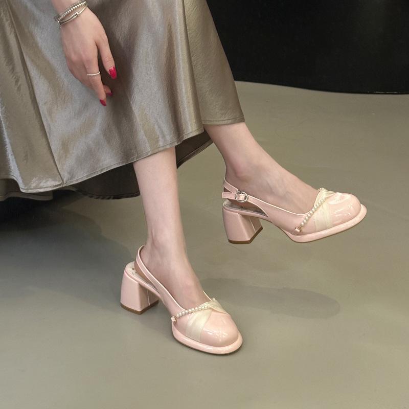 Paired Skirt Mid-heel Mary Jane Shoes Women's Summer New Temperament Pearl Sweet Bag Head Sandals