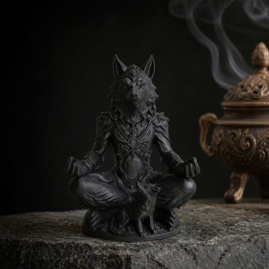 Yousheng 3D Printed Gothic Werewolf Meditation Statue, Zen Beast Warrior Sculpture with Round Base, Matte Black Fantasy Desk Decor, Unique Gift for