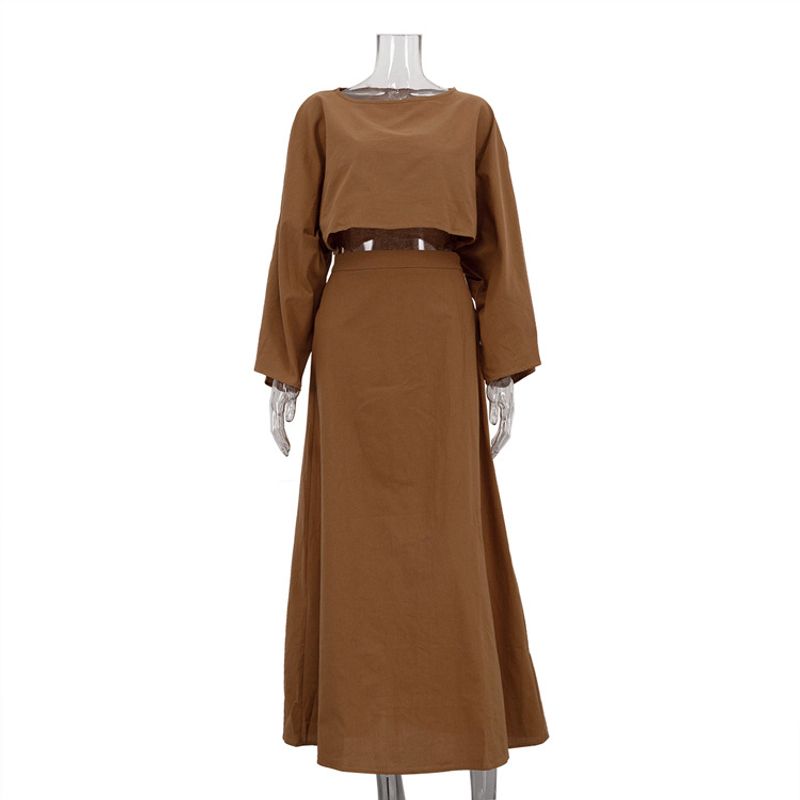 

Western Style Solid Loose Top High Waist Half-Length Long dress Two-piece Set Fashion Temperament Set Brown L