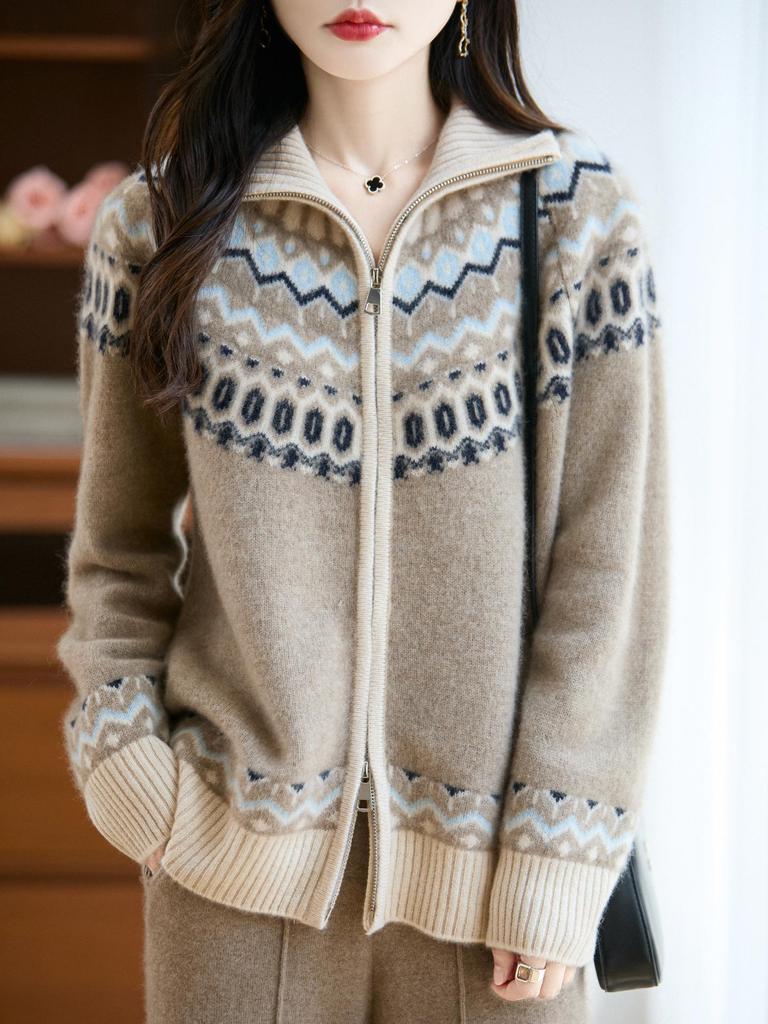 Women's Thickened Fair Isle Pure Wool Cardigan – Loose Knit Sweater Coat for Autumn & Winter