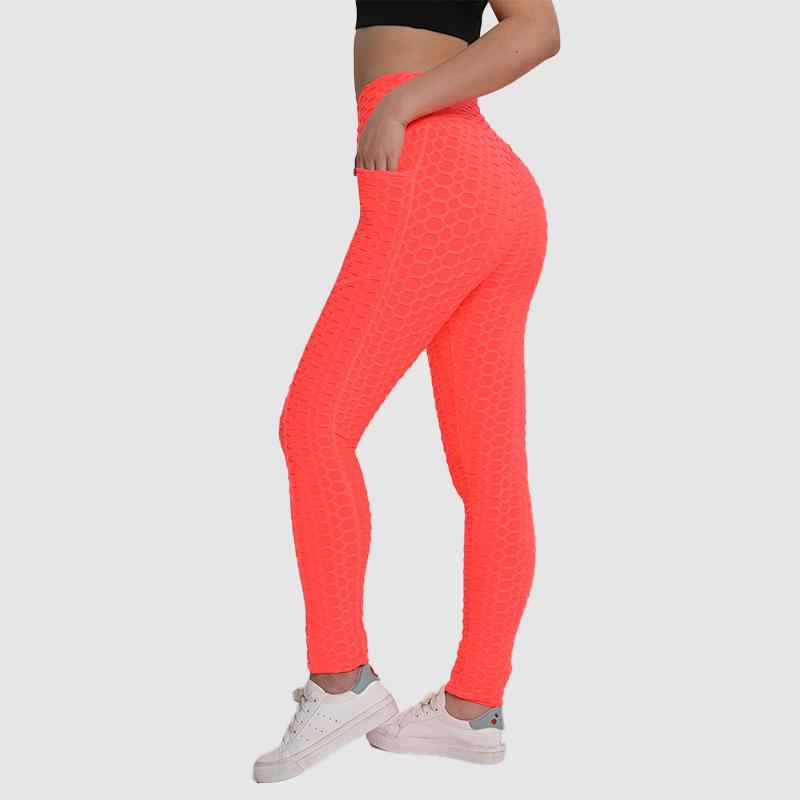 Leggings, Peach-Coloured Workout Trousers, High-Waisted Butt-Lifting Leggings, Pocketed Jacquard Bubble Yoga Trousers