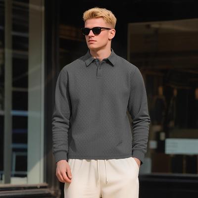 Textured Jacquard Solid-Colour Men's Long-Sleeved Polo Shirt with Buttons New Style Collared Loose-Fit Sweatshirt