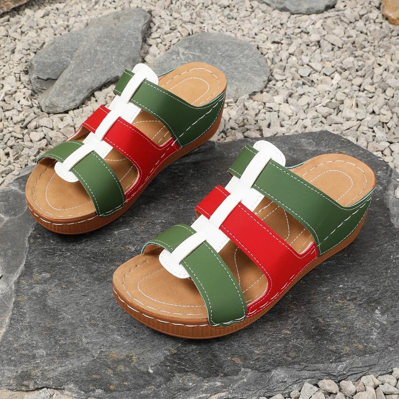 

Fashion Color Matching Slope Slippers Women s Fashion Round Head Hollow-out Sewing Soft Soled Non-slip Mid-heels 36