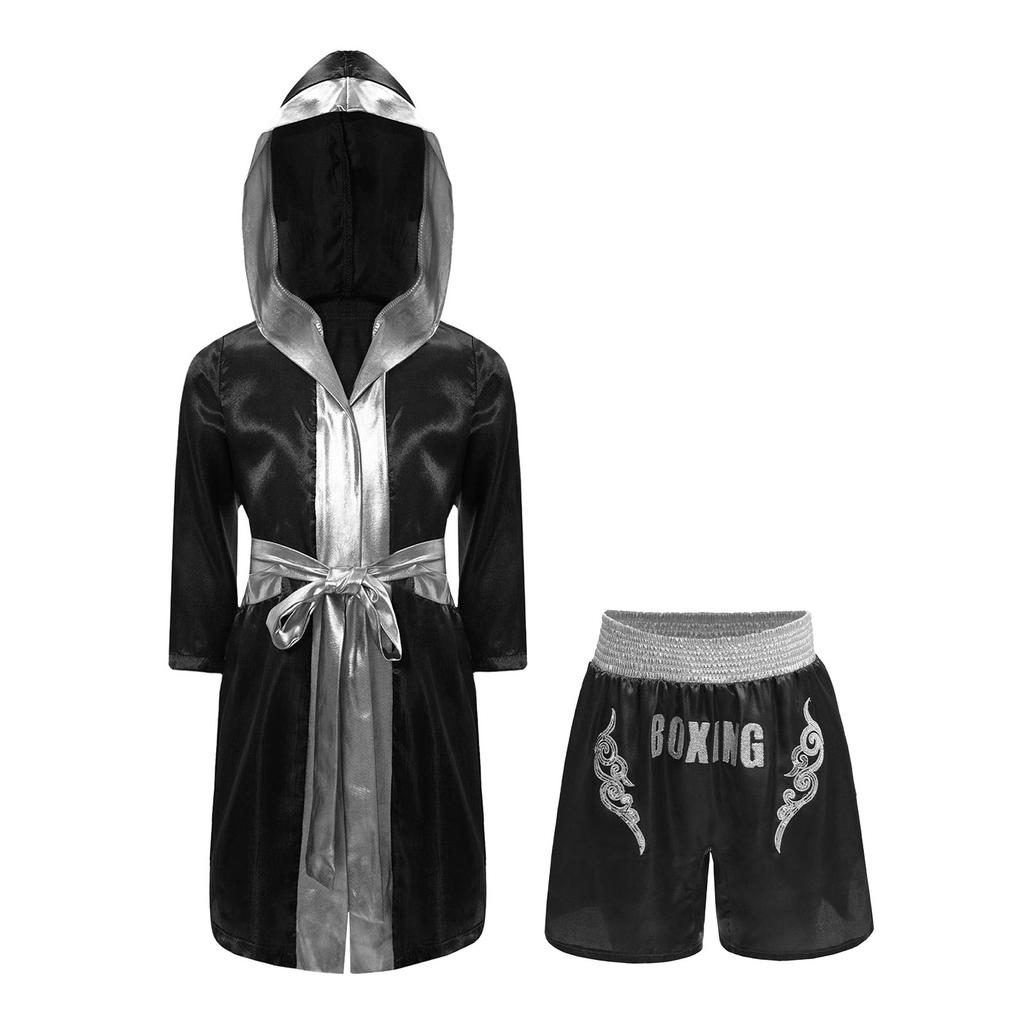 Conjunto de Fantasia de Boxe Infantil Robe de Cetim com Capuz e Cinto & Shorts de Paetês Acabamento Metálico Estampa de Letras