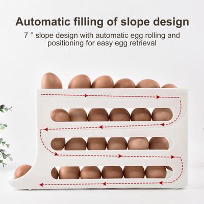 Fridge Egg Storage Box Four Tiers Automatic Rolling Large Capacity Space-Saving 30 Egg Organizer Refrigerator Side Door Egg Dispenser Egg Carton