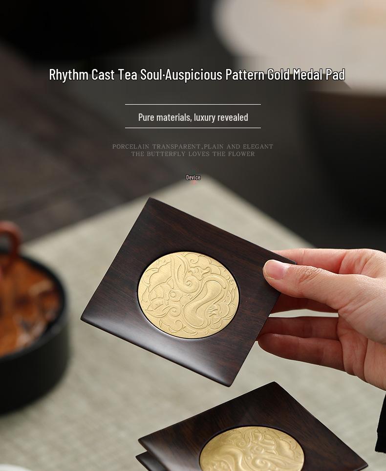 Suport pentru cești de ceai din lemn masiv cu incrustație de cupru – Pad izolator anti-opărire pentru birou și accesorii pentru set de ceai Kung Fu