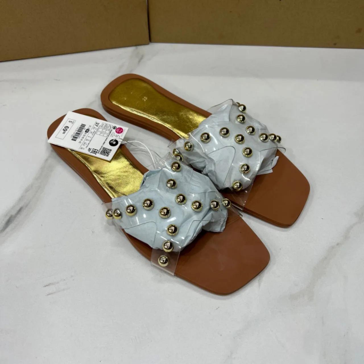 

Fashion Transparent Flat Sandals for Women Fashion Rivet Design Female Footwear 2025 Summer Breathable Cross Square Toe Ladies Shoes 36