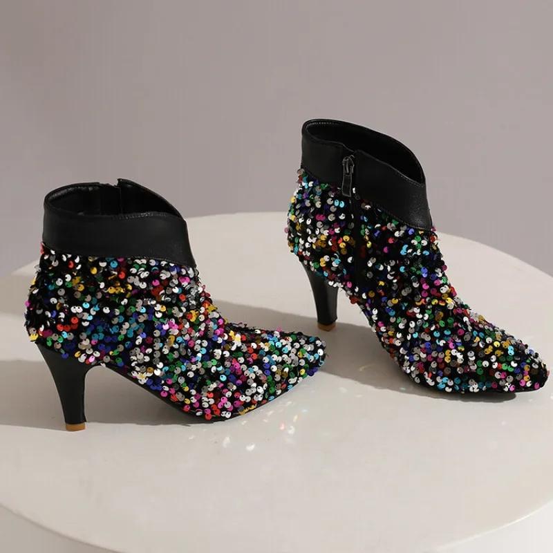 Fashion New Silver Sequin 8cm High-heeled Short Boots European American Autumn Winter Fashionable Elegant Women Ankle Boots Size 34-47