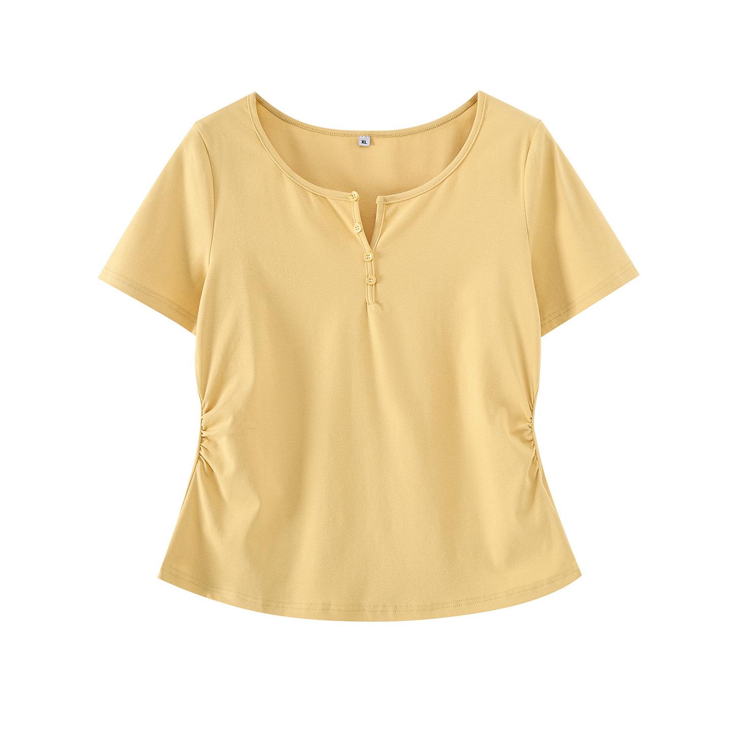 

Zhi Xuan Plus Size Pleated Waist T-shirt for Women - 2026 Summer Stretchy Pullover Top 2XL (151-170 lbs) жёлтый