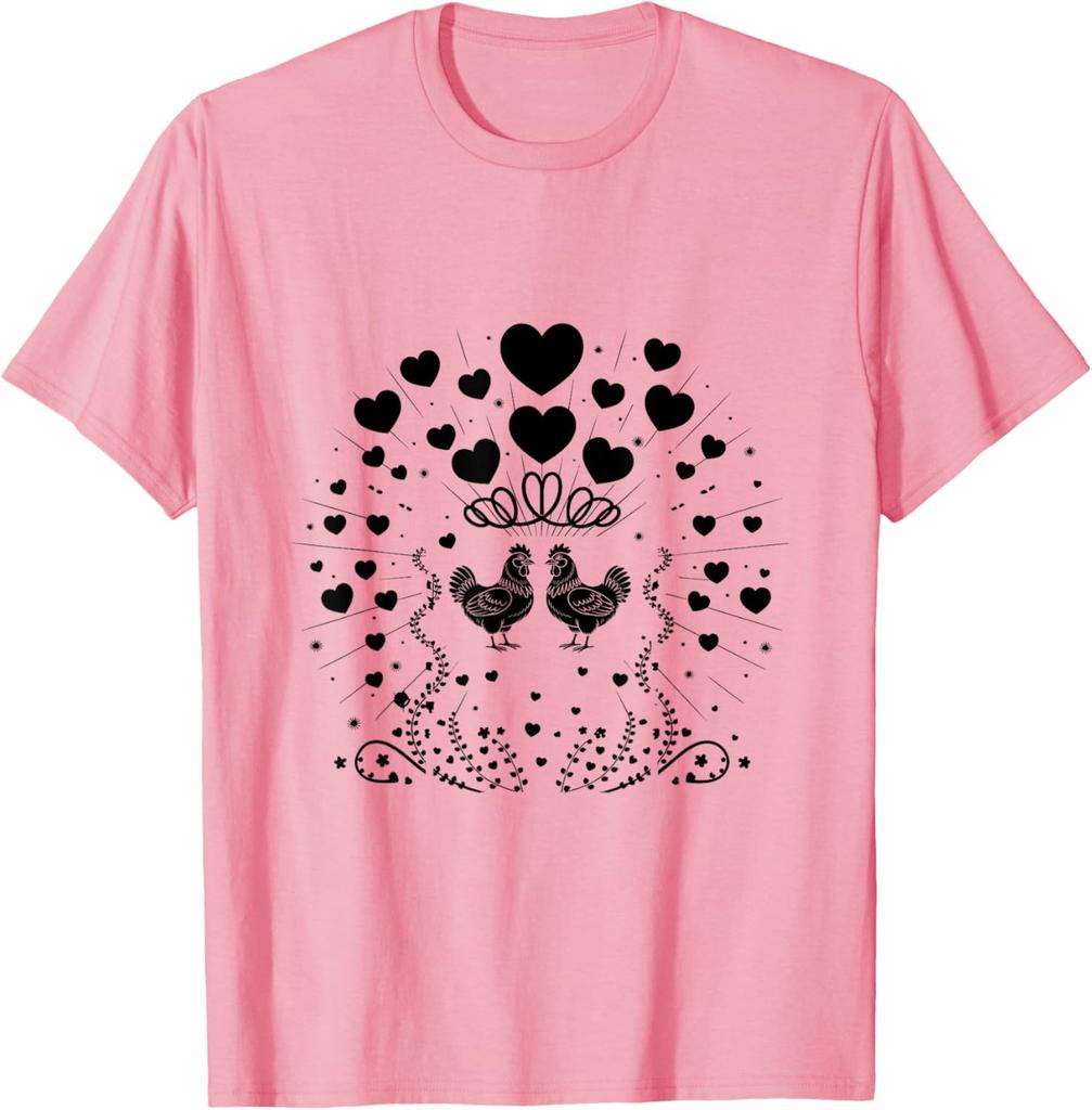 Chicken Couple Hearts Valentine Farm Animal Graphic Tee Soft Cotton Casual Daily T-Shirt