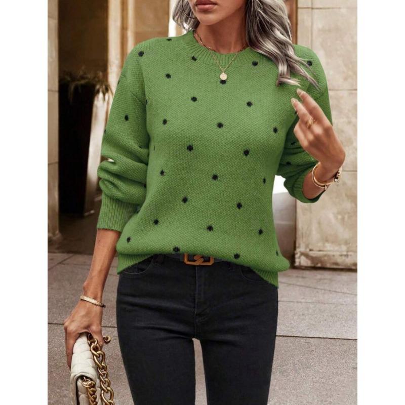 YYFS Women's Fashion Casual Fall Winter Polka Dot Print Long Sleeve O-Neck Sweaters