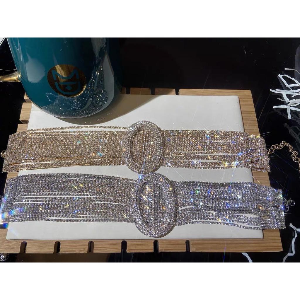 Tooxika Fashionable Oval Belt Buckle Multi-Row Claw Chain Sparkling Diamonds Necklace Celebrity Style Necklace Collar Chain