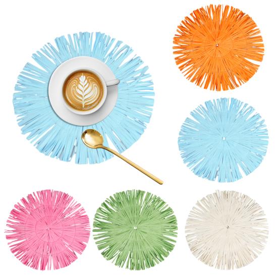 Round Paper Placemats with Tassel Fringe Handmade Woven Heat-Resistant Table Mats Non-Slip Coasters for Cups Plates Kitchen Dining Decor
