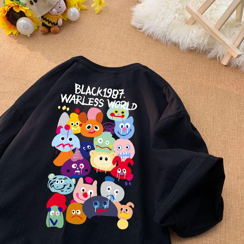 

Cartoon Short-Sleeved T-Shirt for Women, Summer Loose Fit, Slimming Top for Students, Stylish and Age-Reducing, Half-Sleeve Plus-Size Women s Clothing Black L [Recommendation 47.5-60kg]
