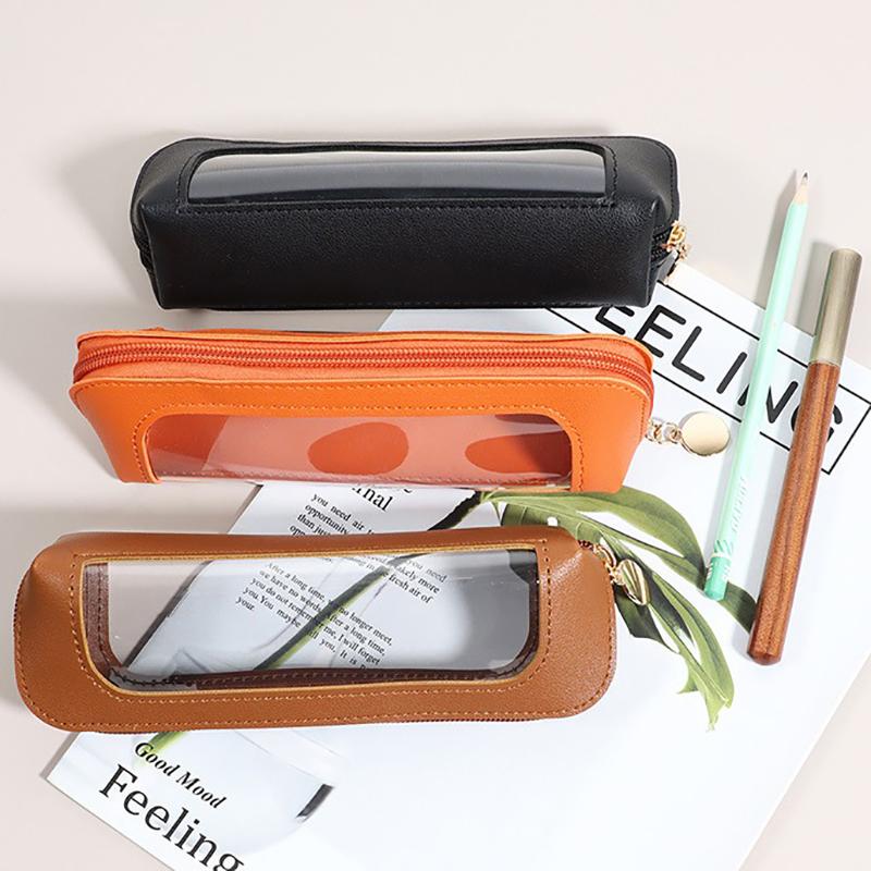 Pu Pencil Case Portable Waterproof Transparent Cosmetic Bag Zipper Makeup Brush Storage Bag Sundries Organizers Stationery Gifts