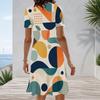 Women Plus Size Round Neck Short Sleeve Blue Yellow Geometric Printed A Line Dress