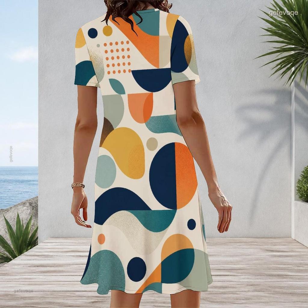 Women Plus Size Round Neck Short Sleeve Blue Yellow Geometric Printed A Line Dress