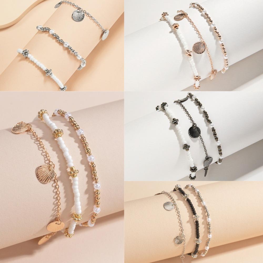 

3pcs/set Multi-Layer Charm Anklet Set Bohemian Shell Pearl Ankle Bracelet for Women