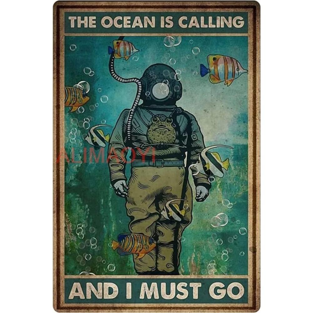 Vintage Tin Sign Diver Submarine Nautical Metal Poster Wall Art Decor For Home Bar Office