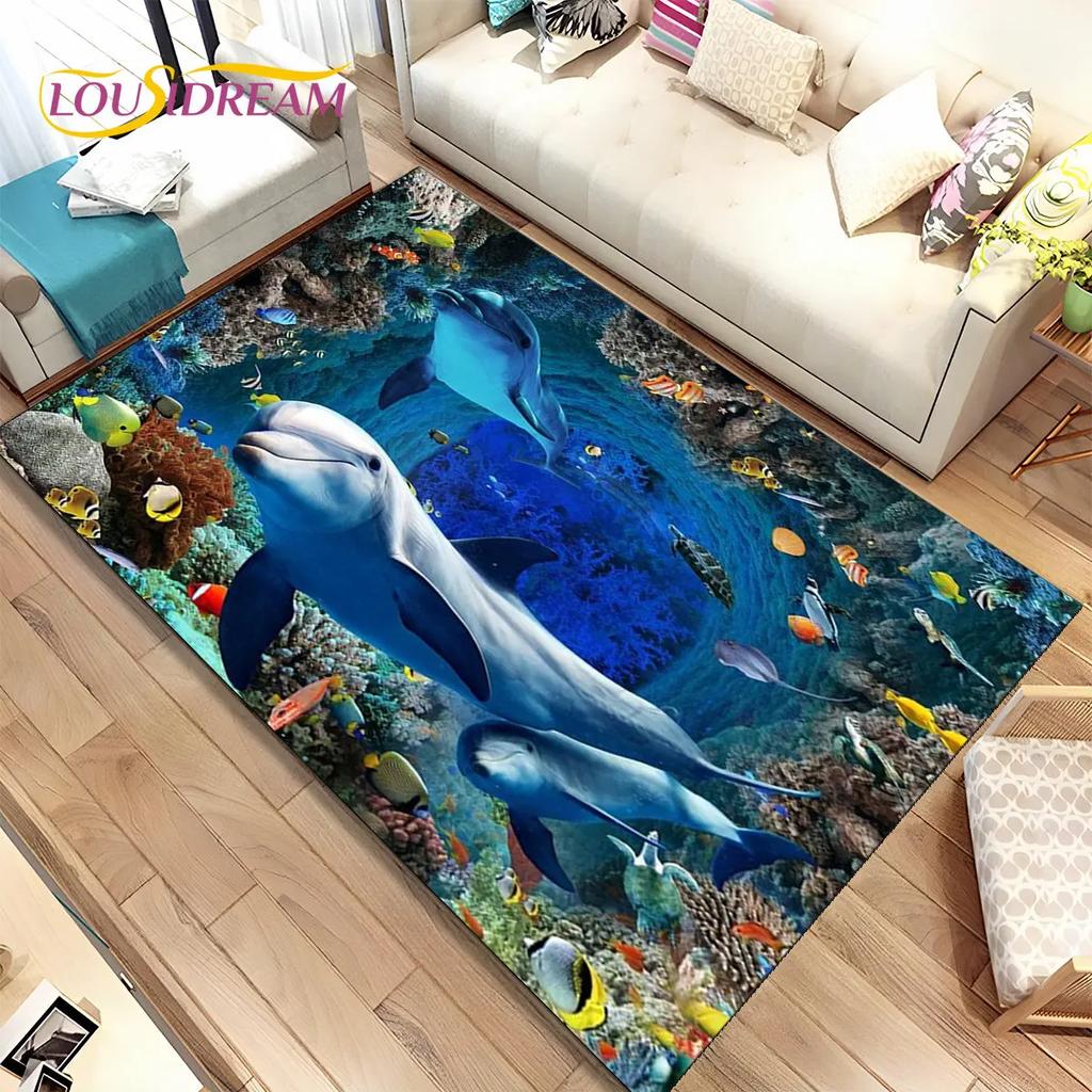 3D Illusion Seabed Underwater World Dolphin Shark Area Rug,Carpet Rug for Living Room Bedroom Sofa Doormat,Non-slip Floor Mat