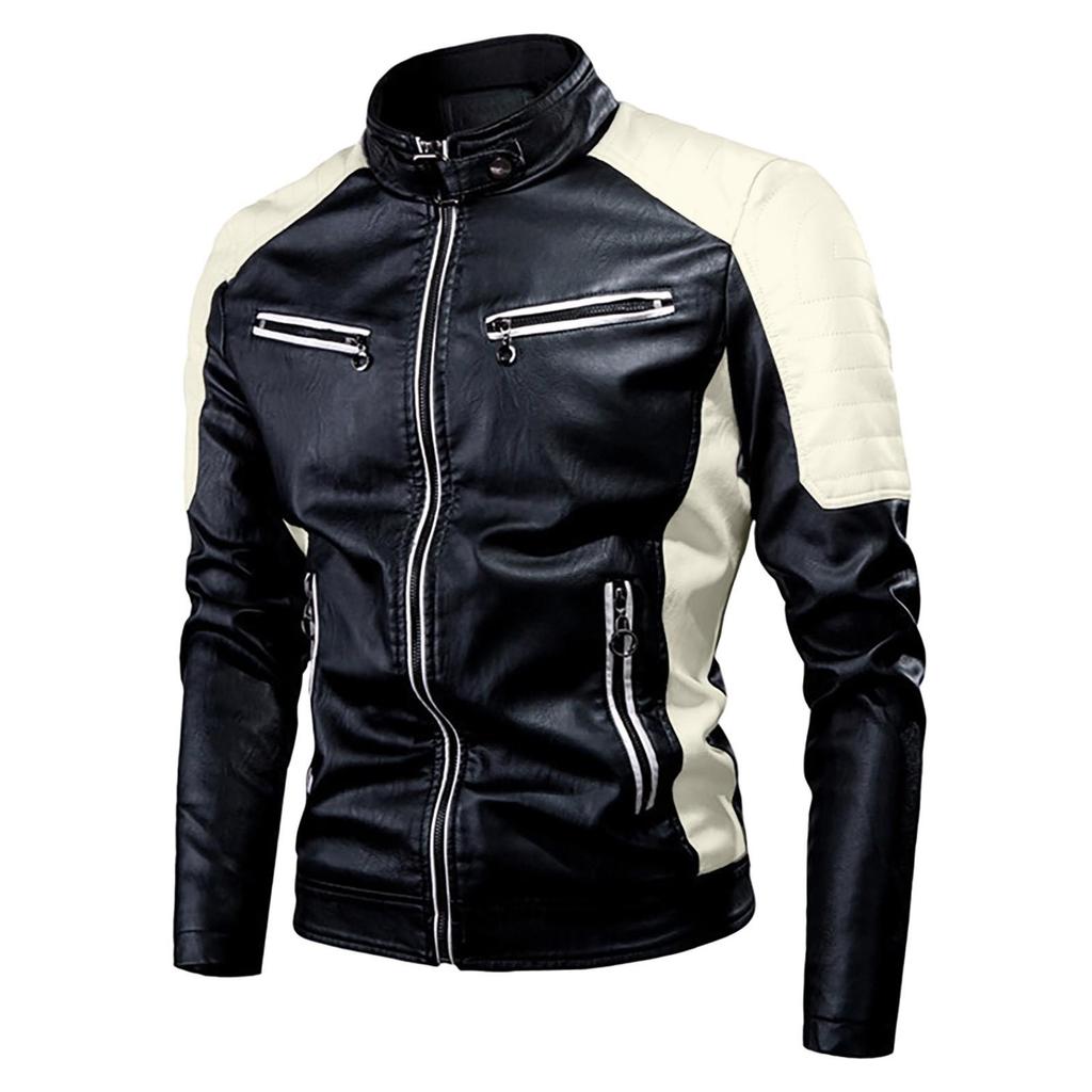 Men's Spring And  Casual Long Sleeve Solid Stand Zipper Leather Jacket Top