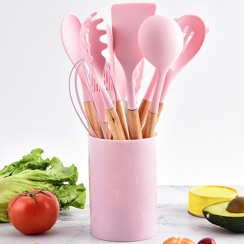 1/12Pcs Silicone Kitchenware Non-Stick Cookware Kitchen Utensils Set Spatula Shovel Egg Beaters Wooden Handle Cooking Tool Set