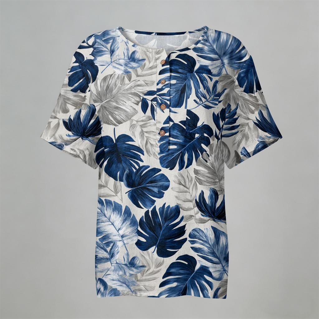Damen Kurzarm Henley-Hemd mit Brusttasche Leichte Baumwoll-Leinen-Mischung Tropischer Print Lässiges Sommeroberteil