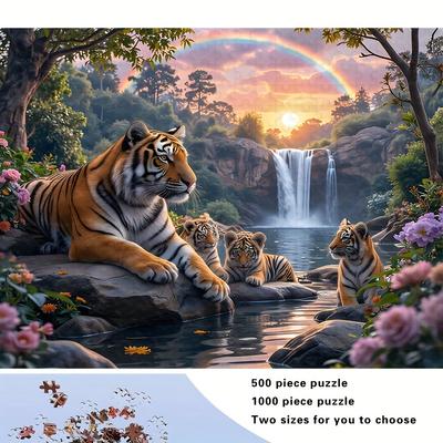 Tiger Family Waterfall Rainbow Forest Wildlife Scene Tapestry Animal Lover Gift Kids Room Decor Nature Serenity Wall Art Print