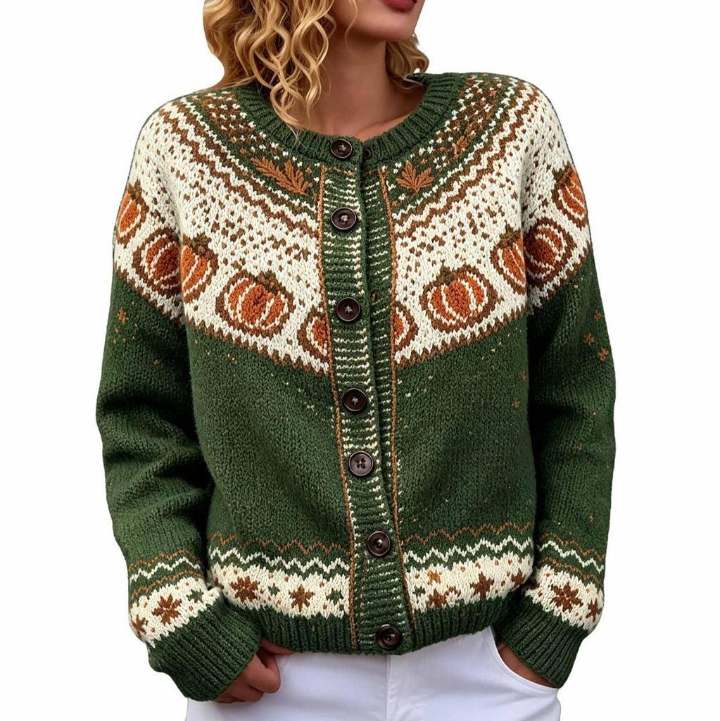 Fair Isle Color Block Single-Breasted Cardigan - Women's Autumn/Winter Knitwear