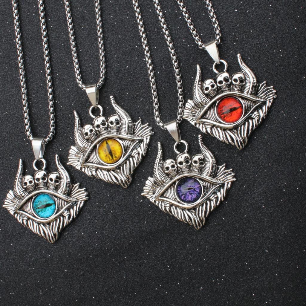 Hip Hop Rock Evil Eye Pendant Necklace For Men Stainless Steel Chain Skull Jewelry Gift Retro Creative Neck Accessories