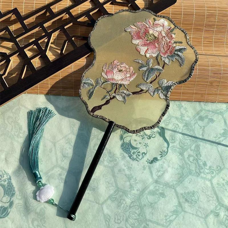 Chinese Style Hanfu Ancient Fan Dance Shooting Long Handled Embroidered Classical Double Sided Fan Female Decorative Fan