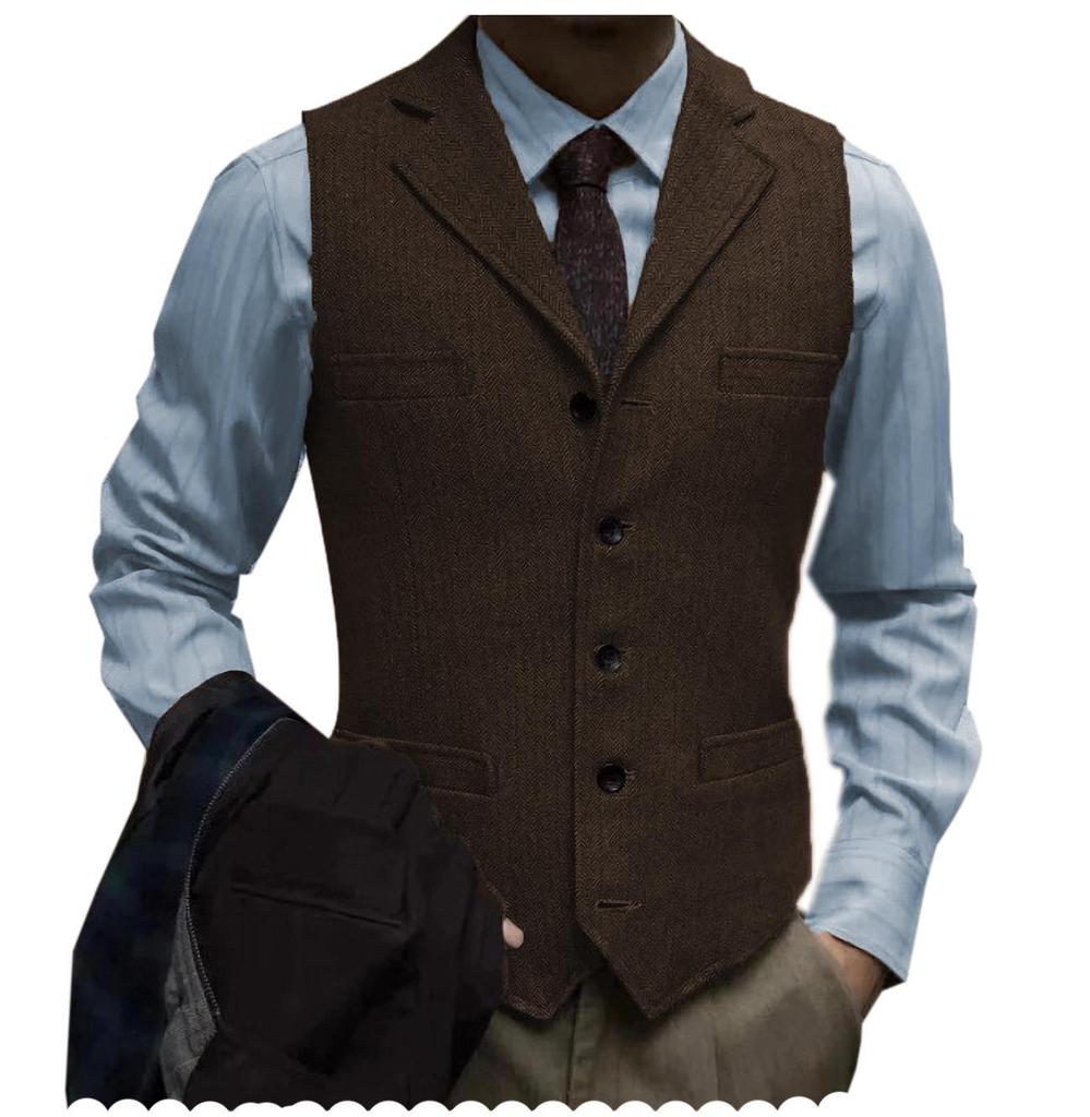 Herren Slim Fit Fischgrät Einreiher Freizeitweste