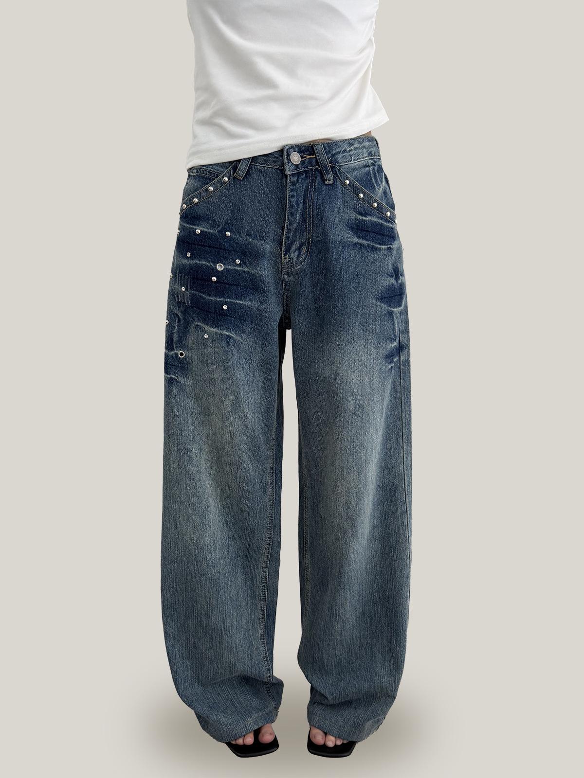 Yuyi 2026 Spring Women s Rivet Tie-Dye Wide-Leg Jeans Medium