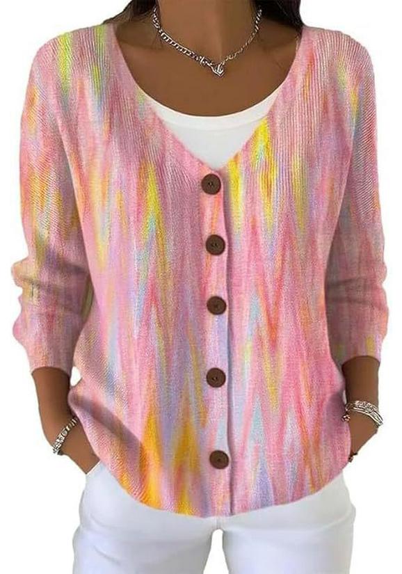 V-Neck 5-Button Printed Cardigan Sweater